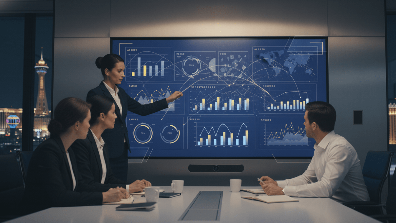 Photo-realistic scene of a digital marketing agency in Las Vegas, small leadership team in a conference room reviewing a large wall-mounted screen with charts, trend lines, and AI-style overlays. The screen shows data visualizations with subtle node and network patterns to suggest AI insight. Includes men and women professionals in business attire.