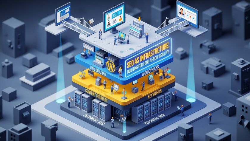 Isometric illustration of SEO as layered infrastructure, showing technical SEO servers at the base, content, keywords, link building, and WordPress dashboards connected by bridges, illustration SEO services from Arclight Digital in Las Vegas, NV.